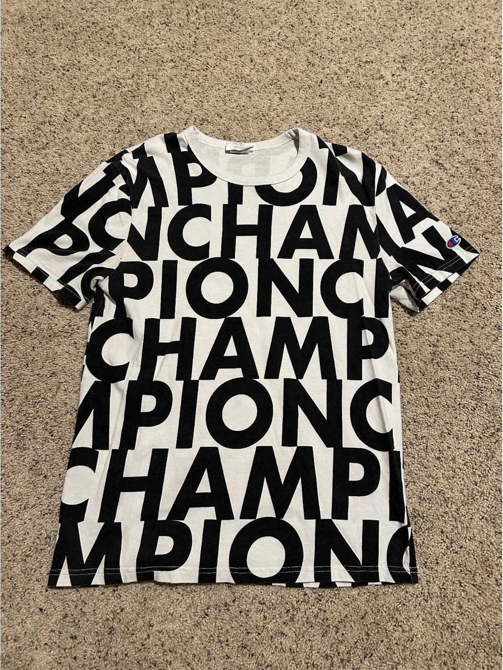 Champion Medium White T-Shirt with Black All-Over Logo Print